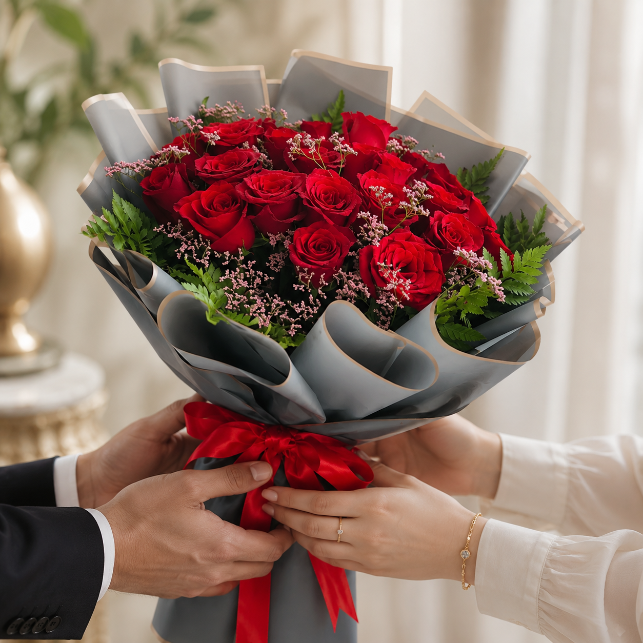30 Red Roses Bouquet with Green Fillers