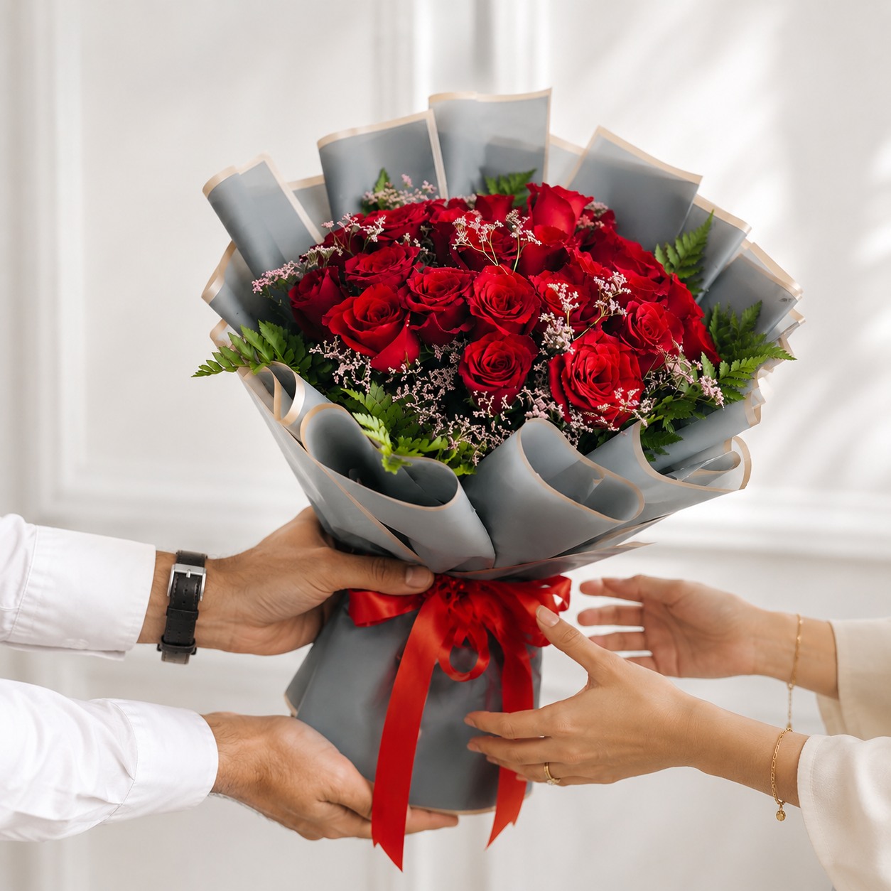 30 Red Roses Bouquet with Green Fillers