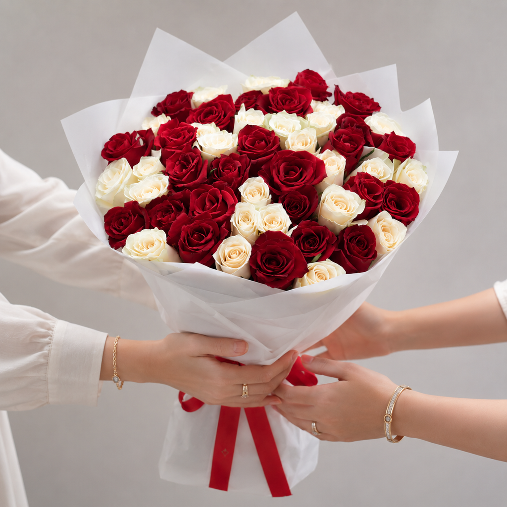Red and White Roses - 51 Stems