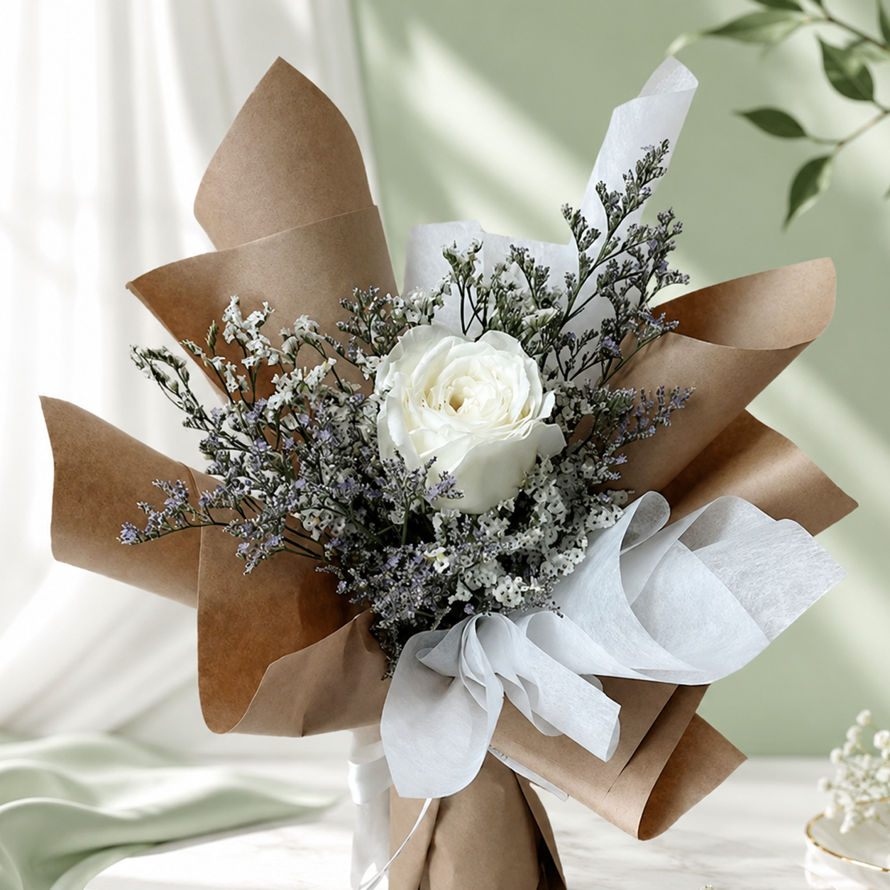 Single Classy White Rose with Stylish Wrapping