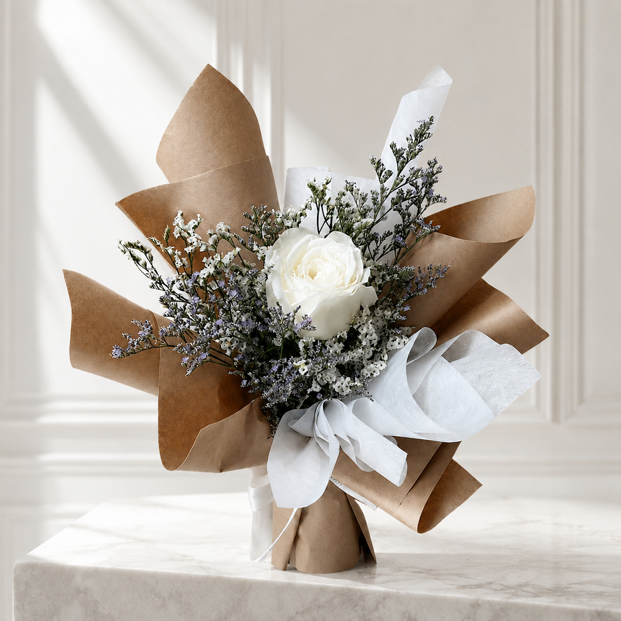 Single Classy White Rose with Stylish Wrapping