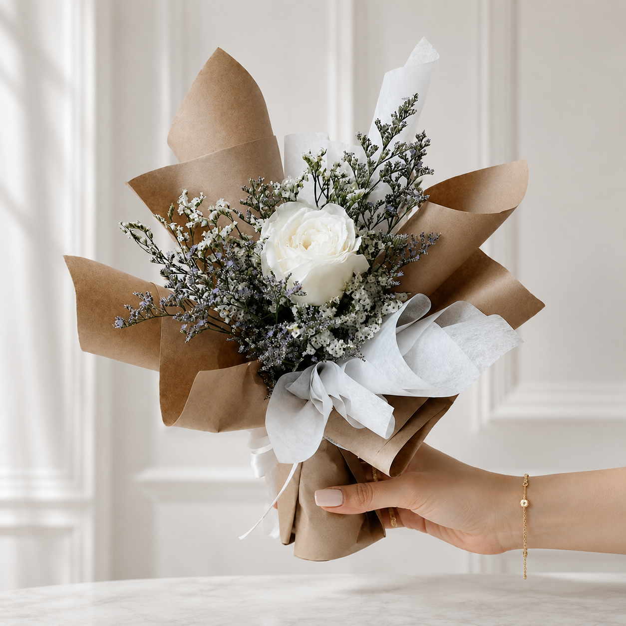 Single Classy White Rose with Stylish Wrapping