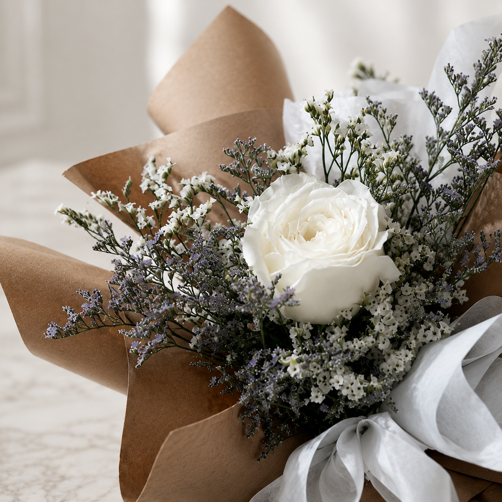 Single Classy White Rose with Stylish Wrapping