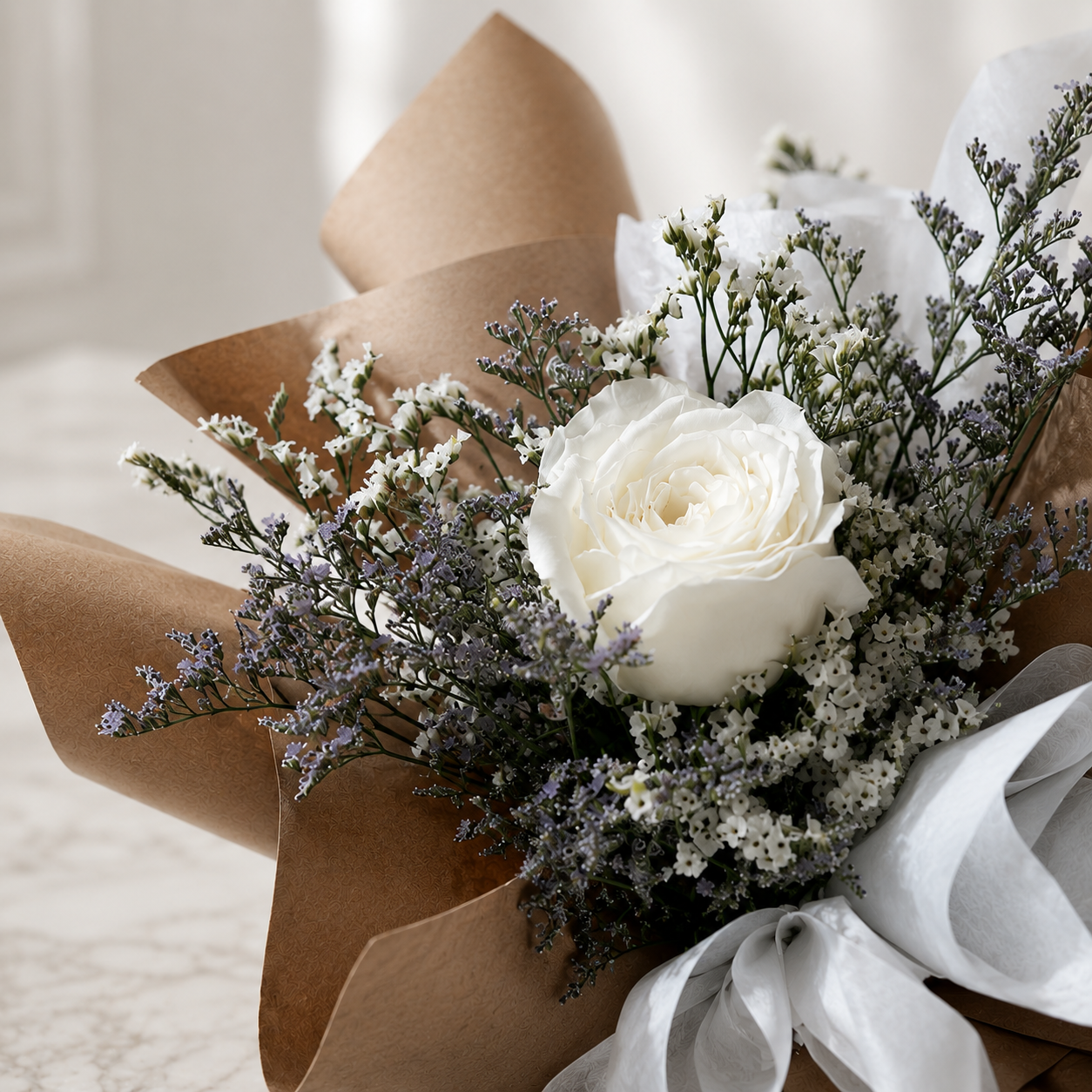 Single Classy White Rose with Stylish Wrapping