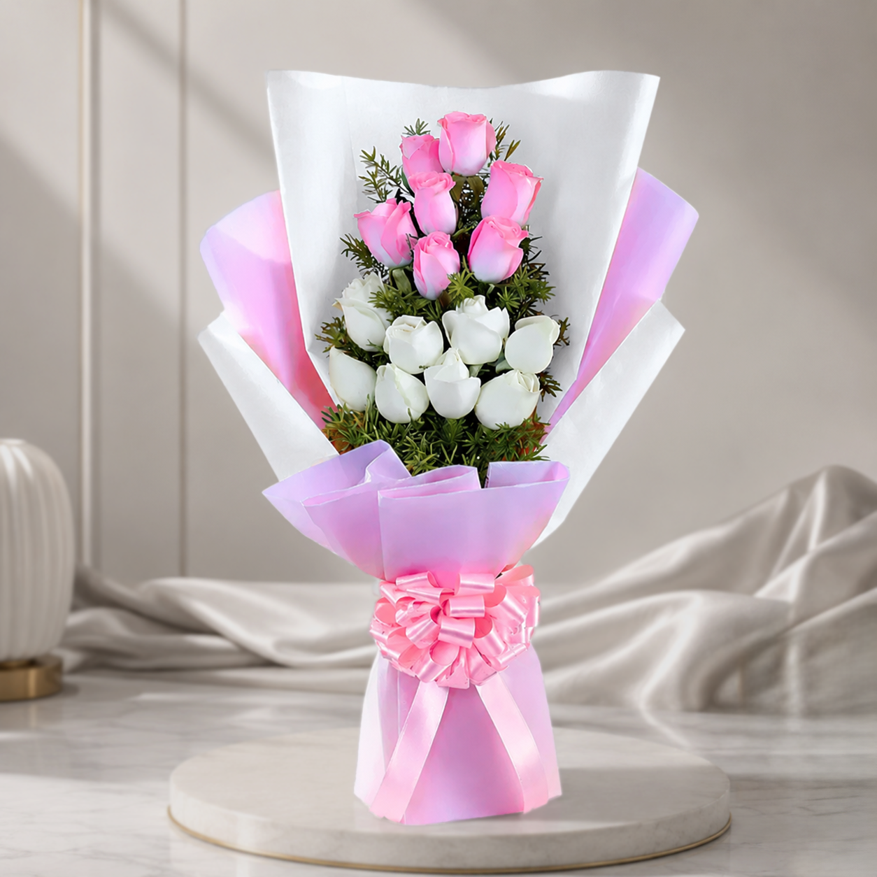 Soft Blooming 15 Pink & White Roses