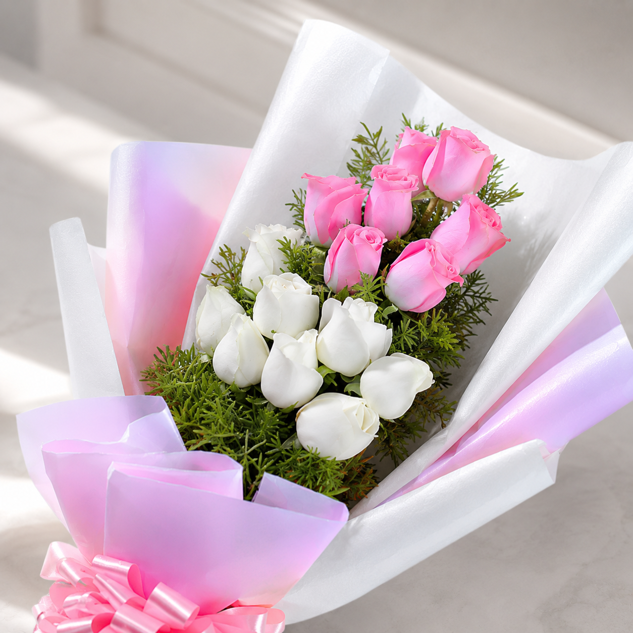 Soft Blooming 15 Pink & White Roses