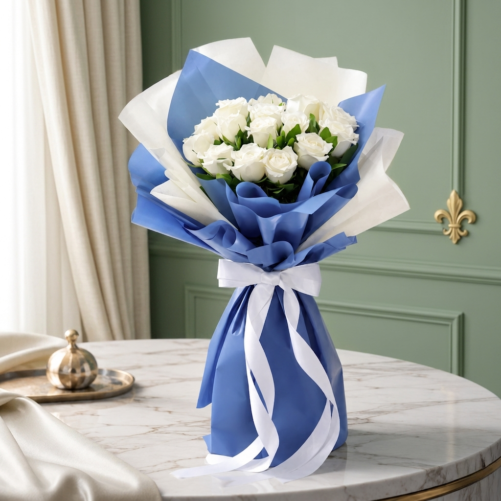 Elegant White Rose Bouquet Wrapped in Blue
