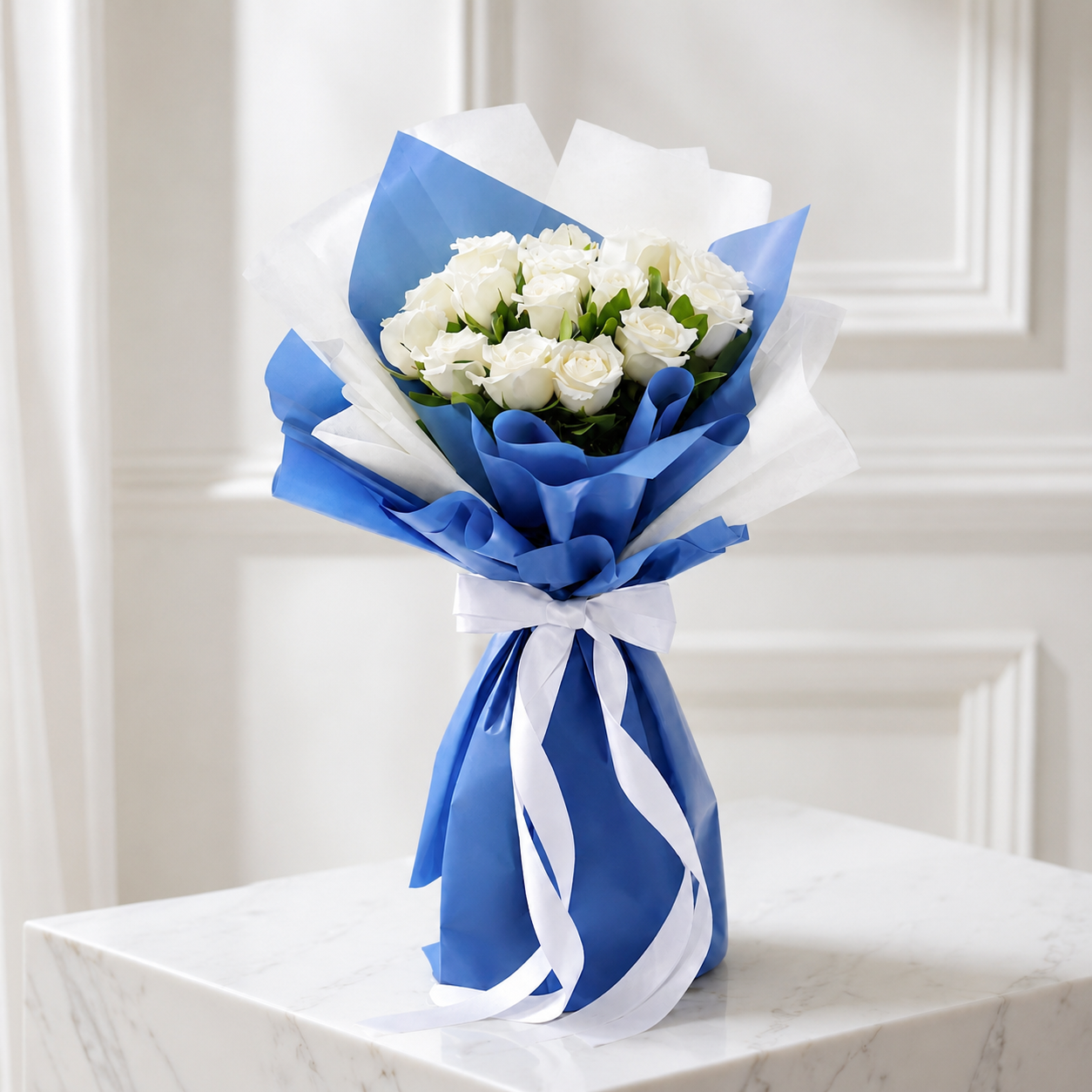 Elegant White Rose Bouquet Wrapped in Blue