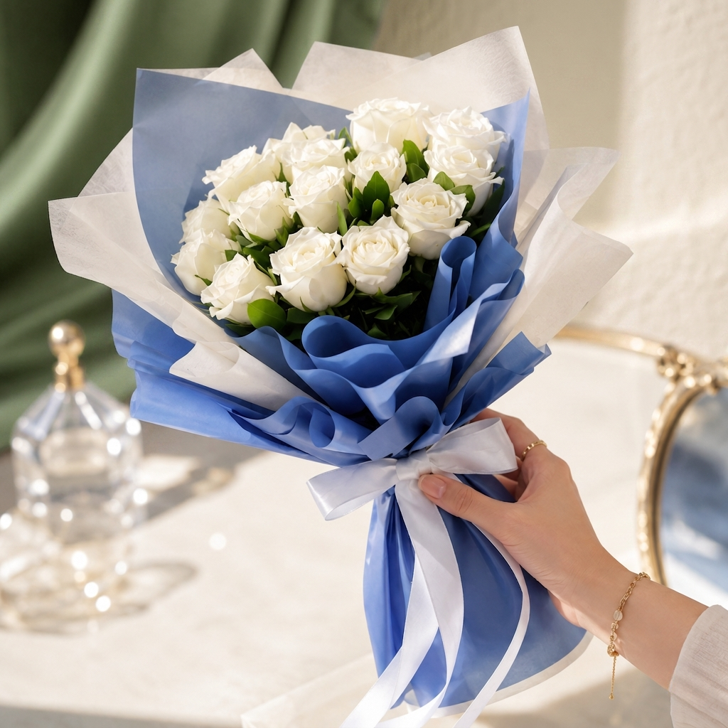 Elegant White Rose Bouquet Wrapped in Blue