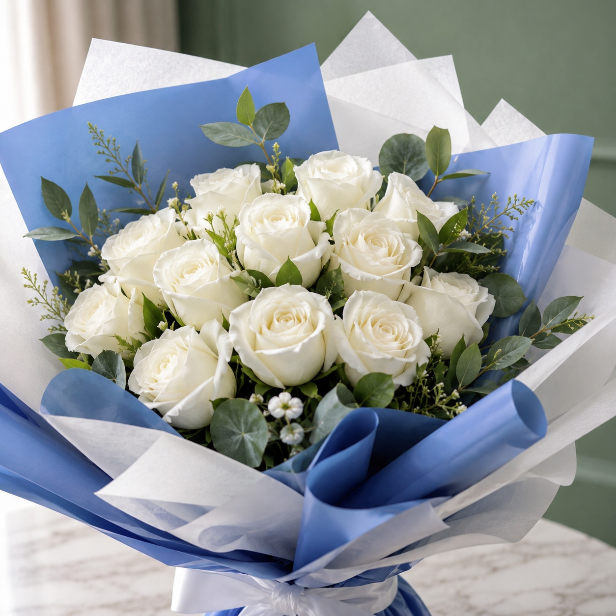 Elegant White Rose Bouquet Wrapped in Blue
