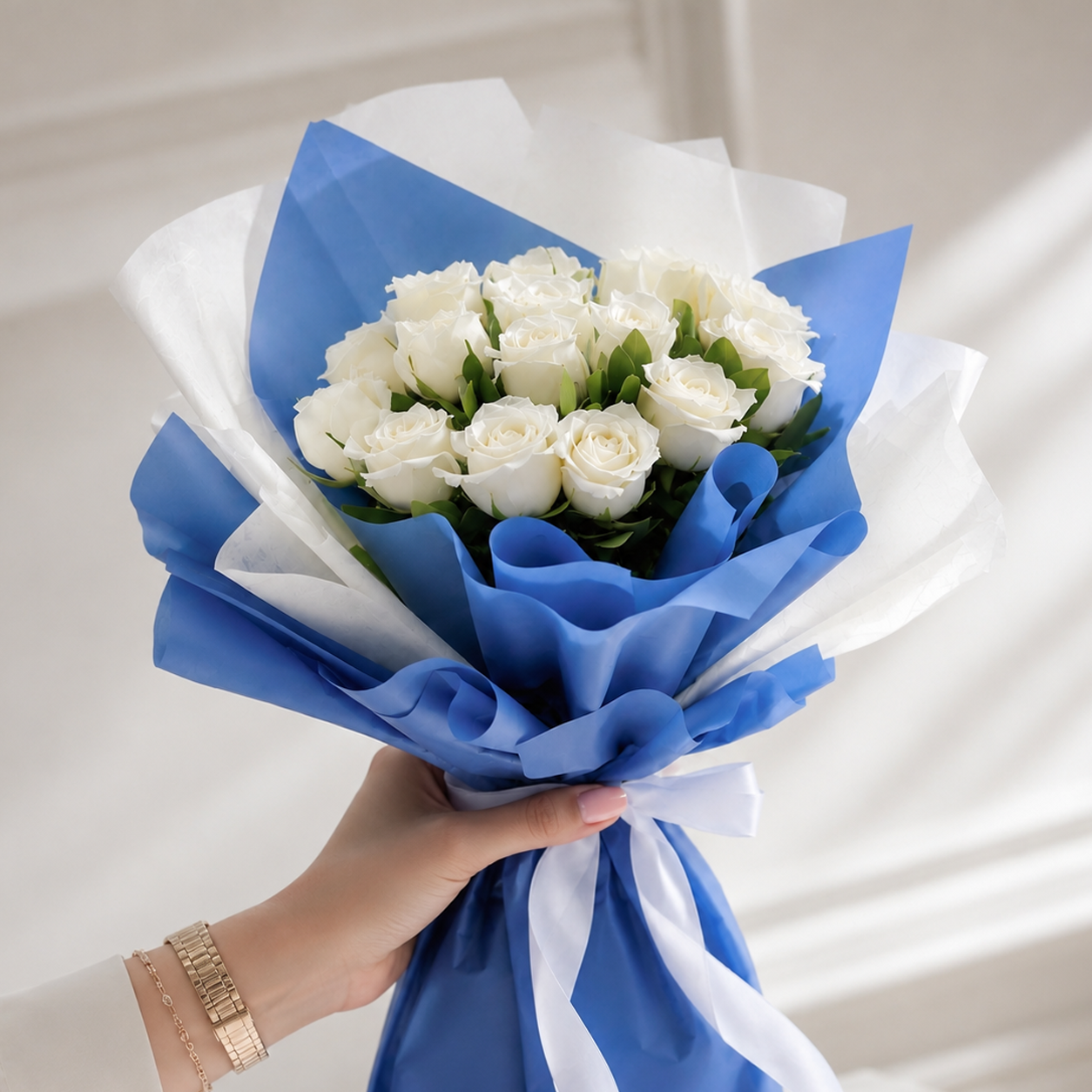 Elegant White Rose Bouquet Wrapped in Blue