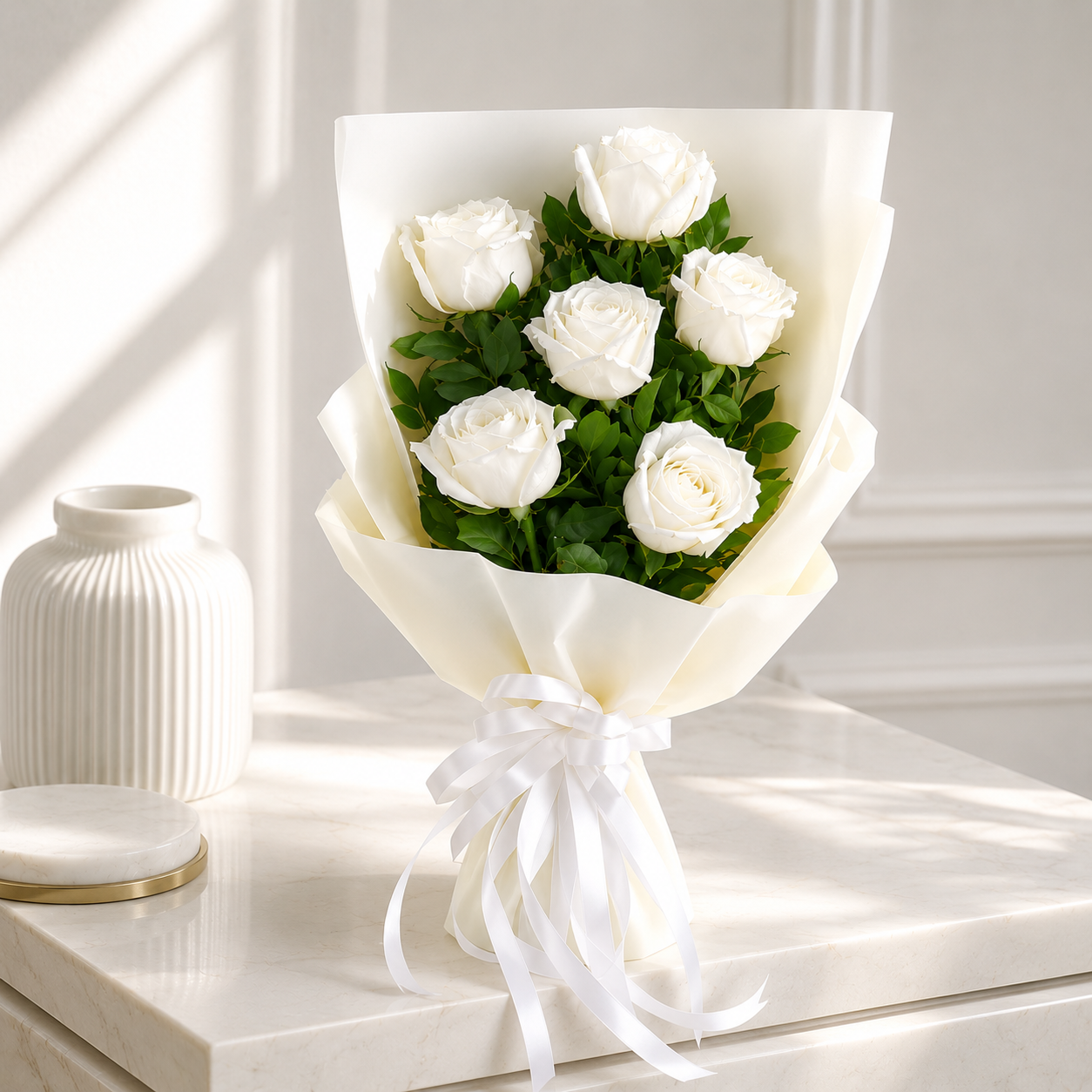 Elegant White Rose Bouquet - 6 stem