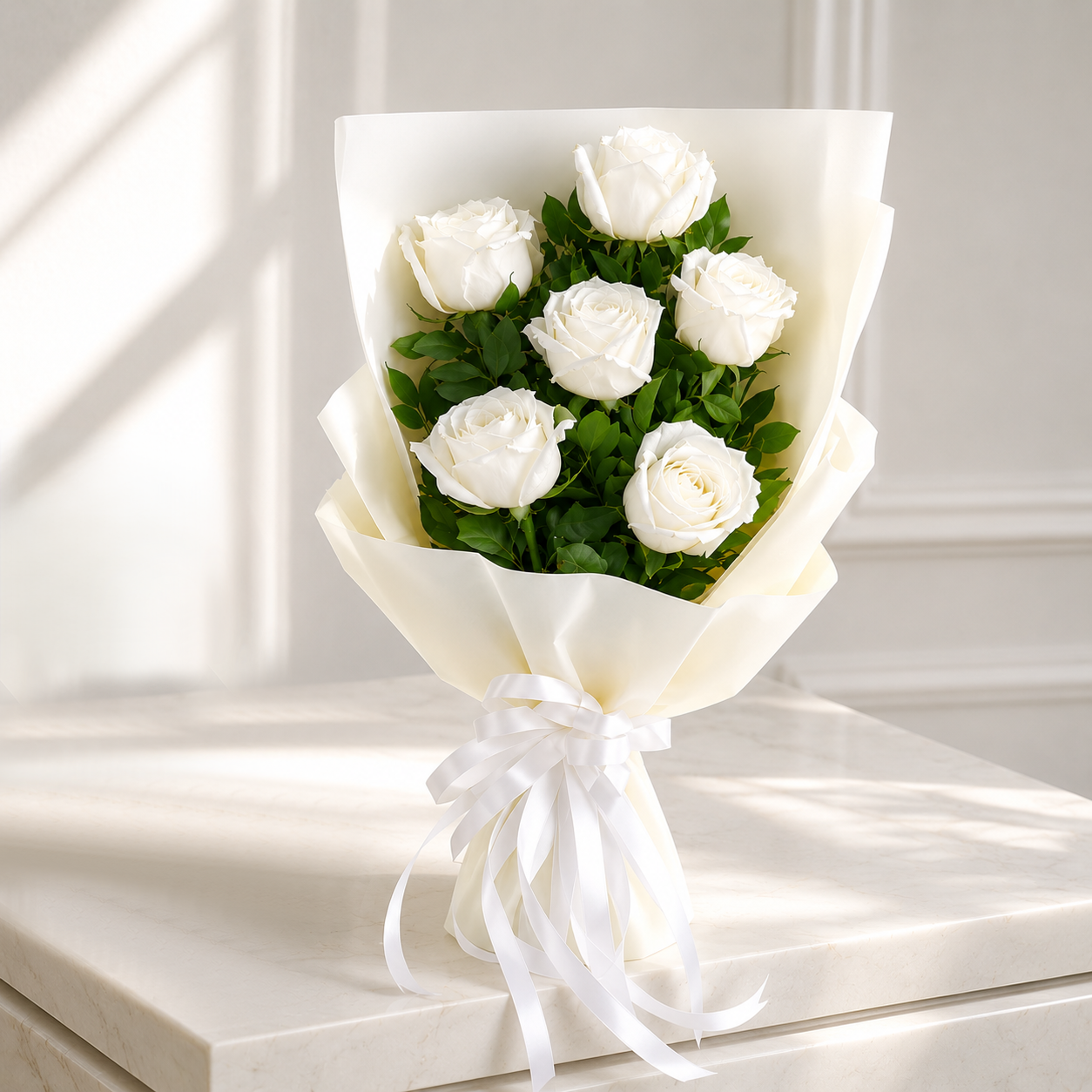 Elegant White Rose Bouquet - 6 stem