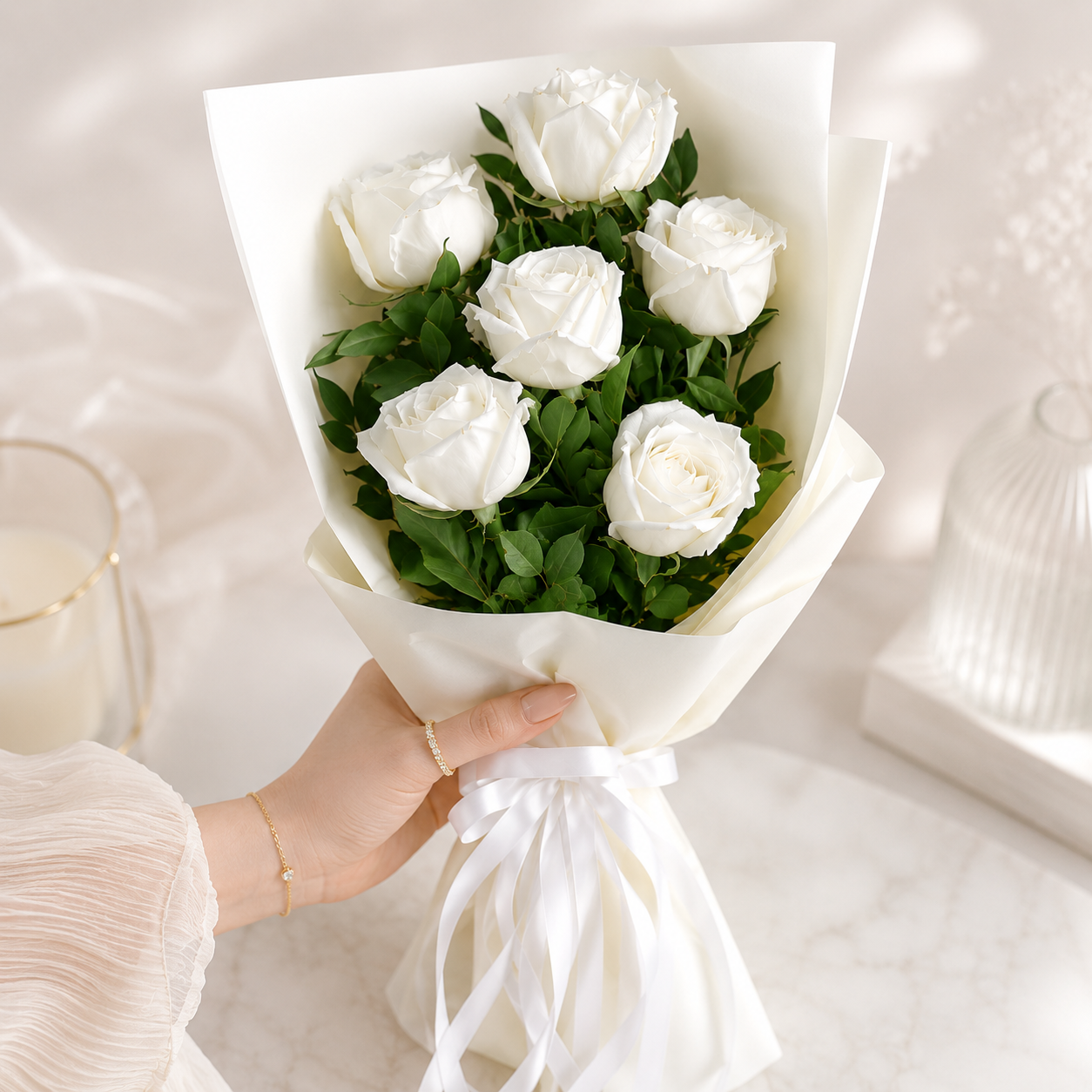 Elegant White Rose Bouquet - 6 stem