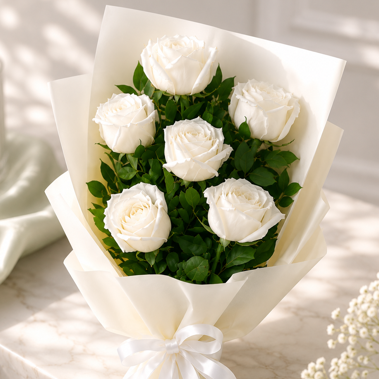 Elegant White Rose Bouquet - 6 stem