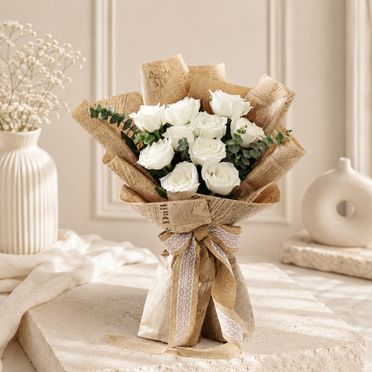 Elegant White Rose Bouquet Wrapped in Vintage Newspaper