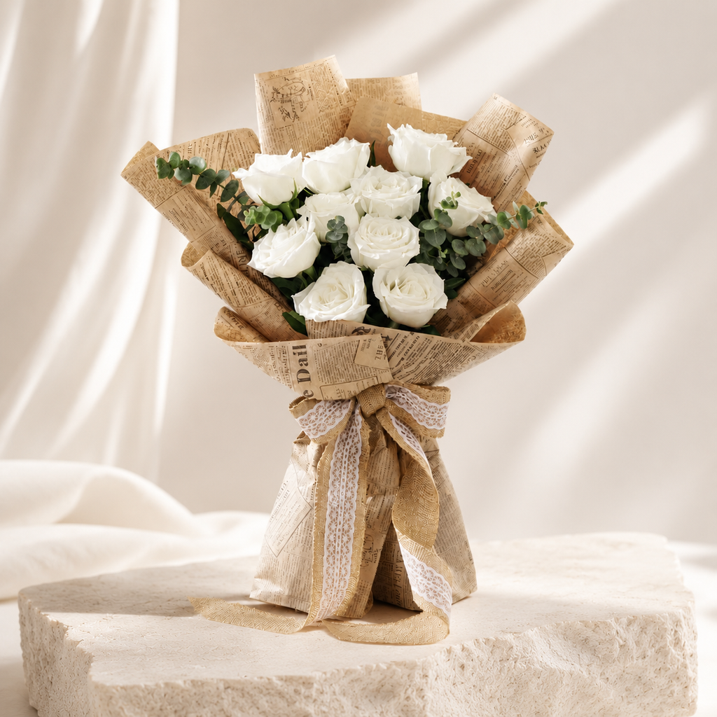 Elegant White Rose Bouquet Wrapped in Vintage Newspaper