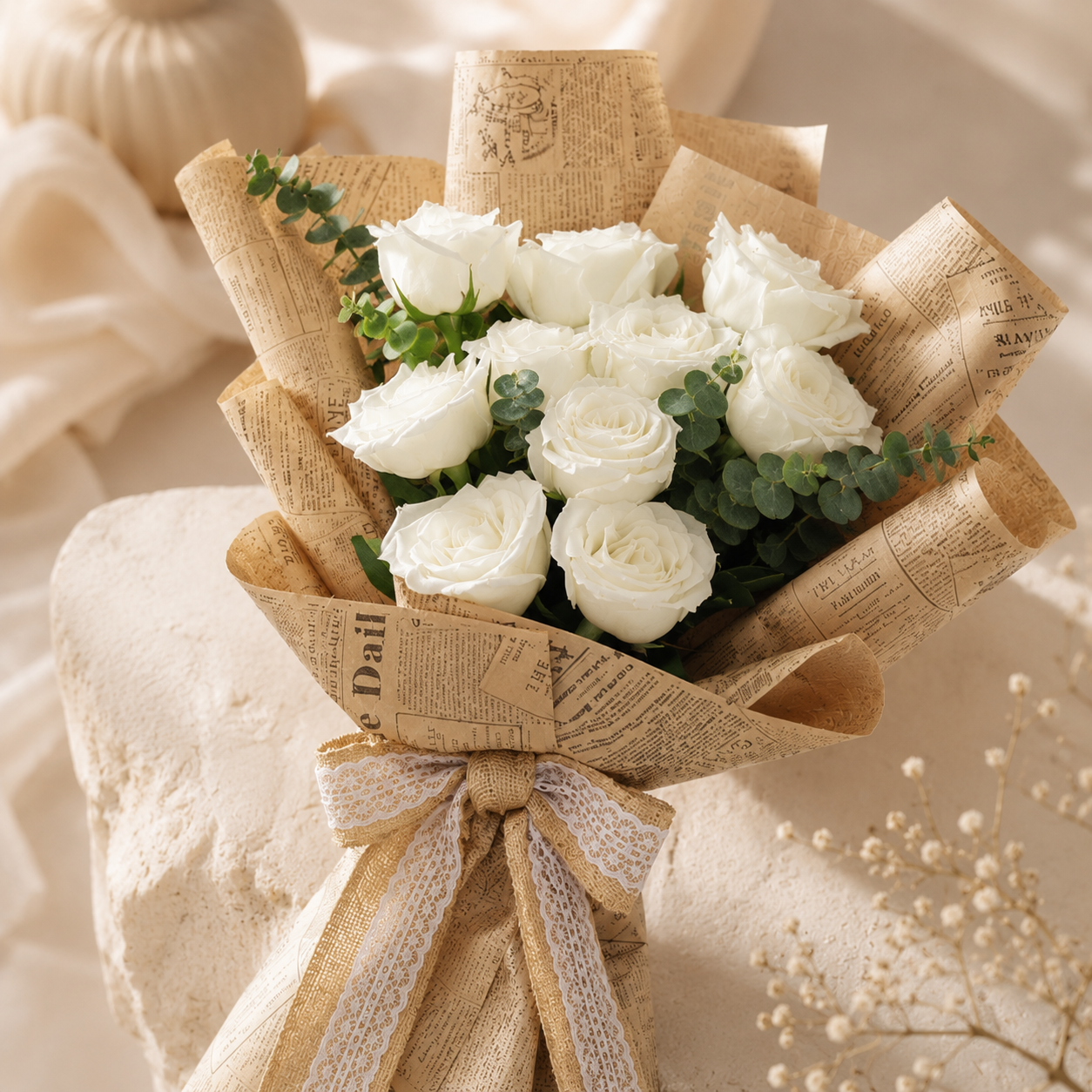 Elegant White Rose Bouquet Wrapped in Vintage Newspaper