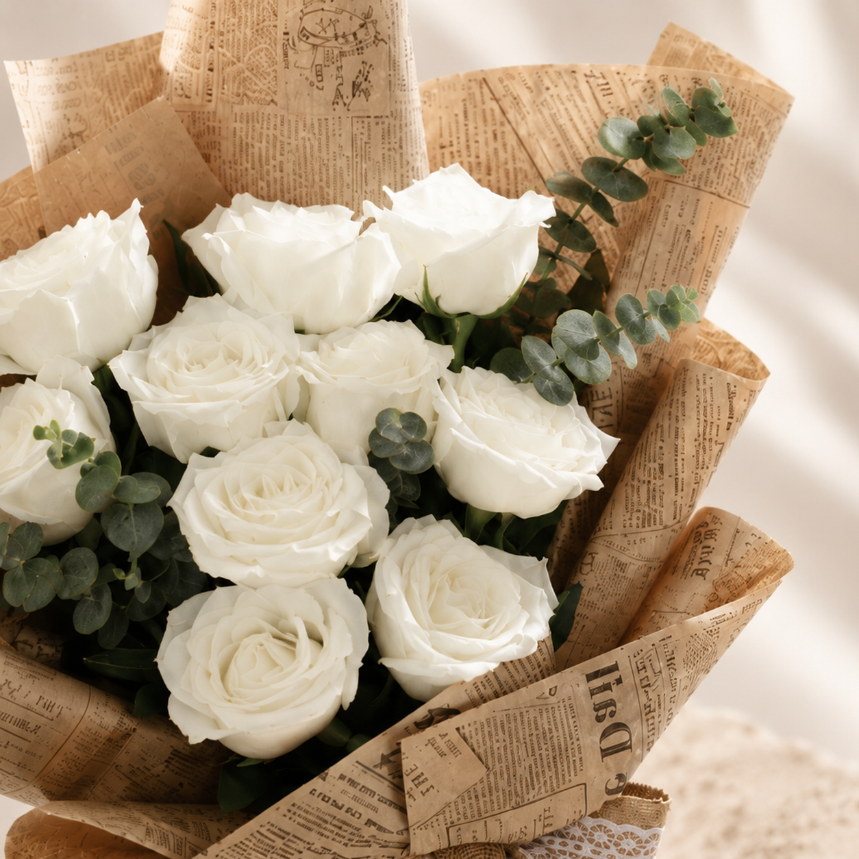 Elegant White Rose Bouquet Wrapped in Vintage Newspaper