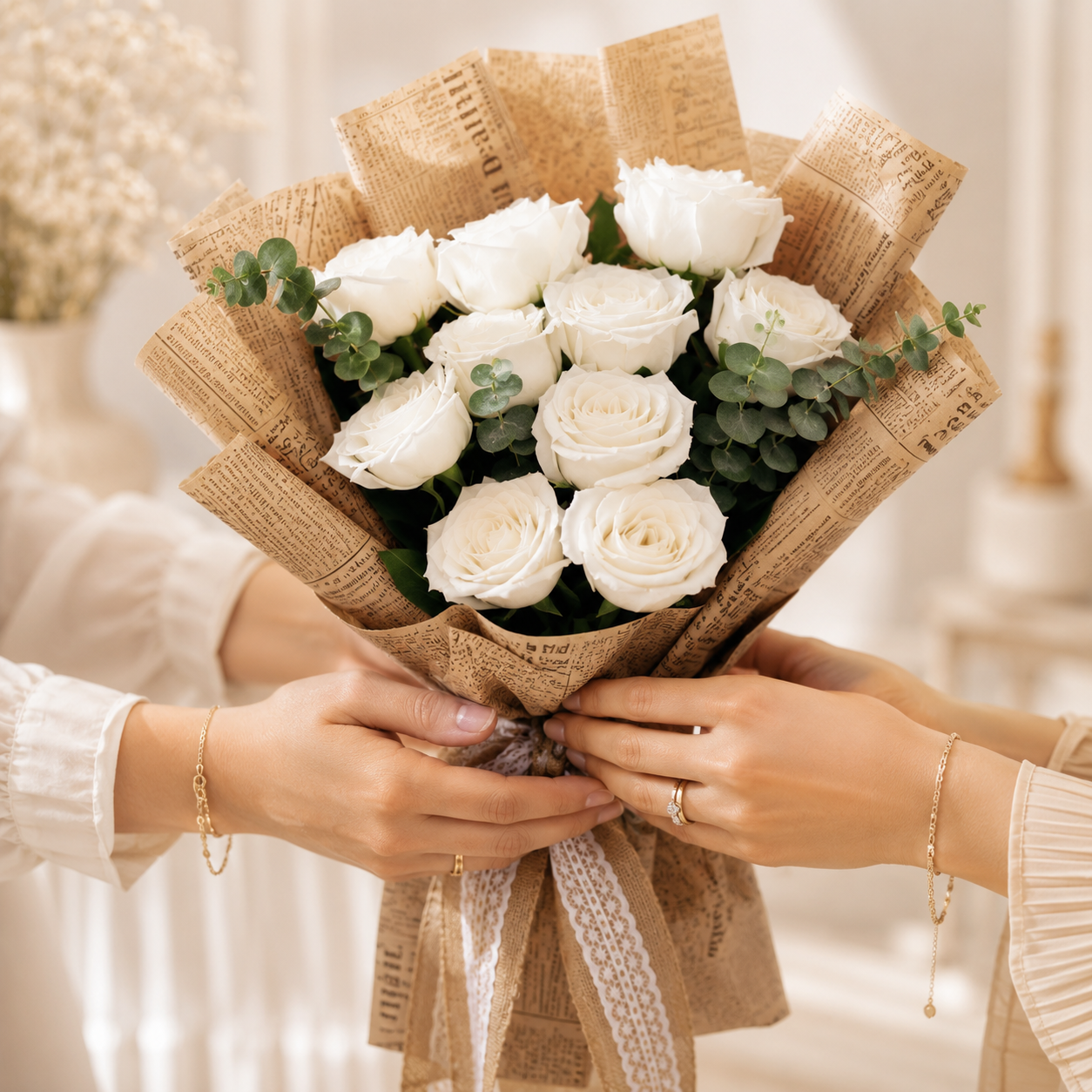Elegant White Rose Bouquet Wrapped in Vintage Newspaper