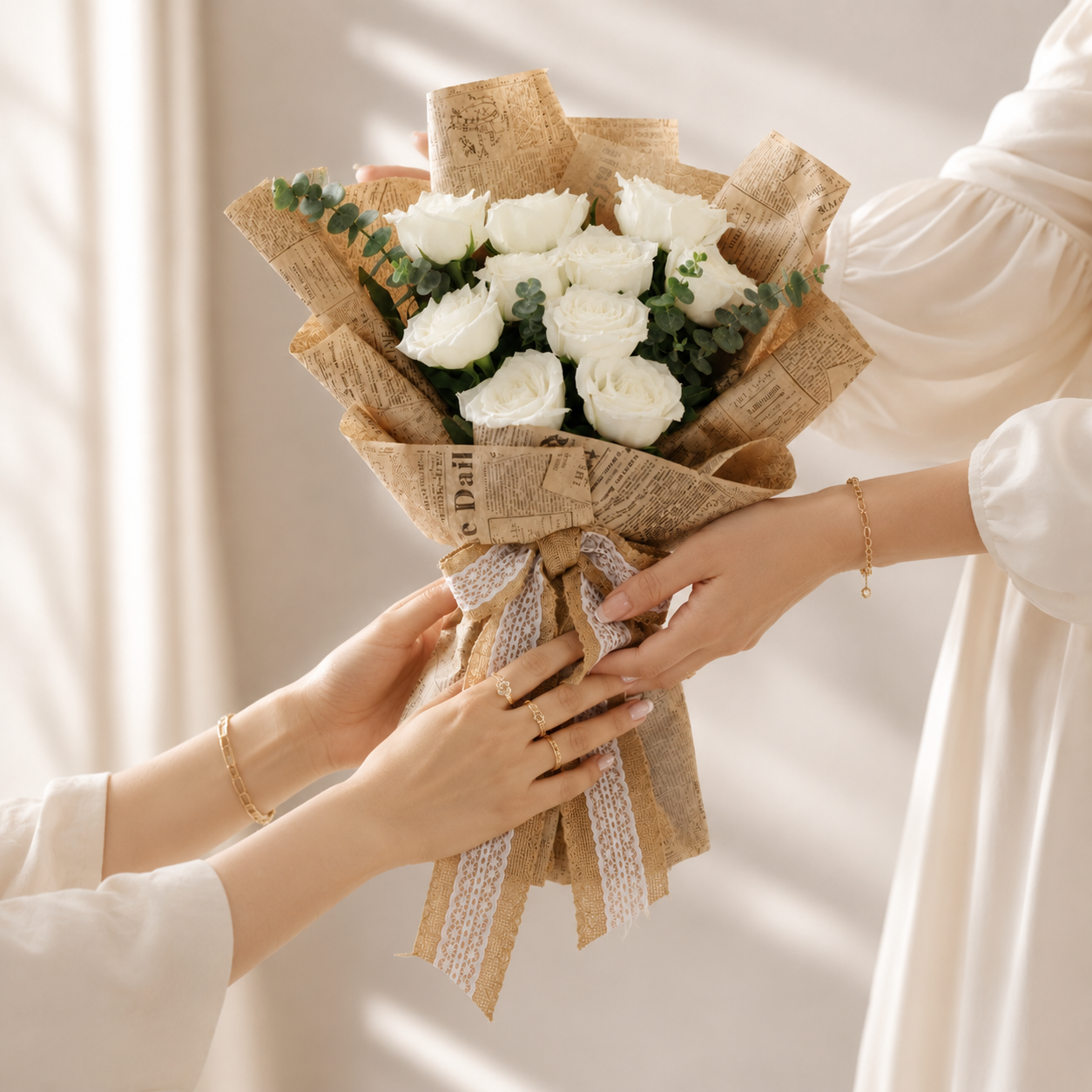 Elegant White Rose Bouquet Wrapped in Vintage Newspaper