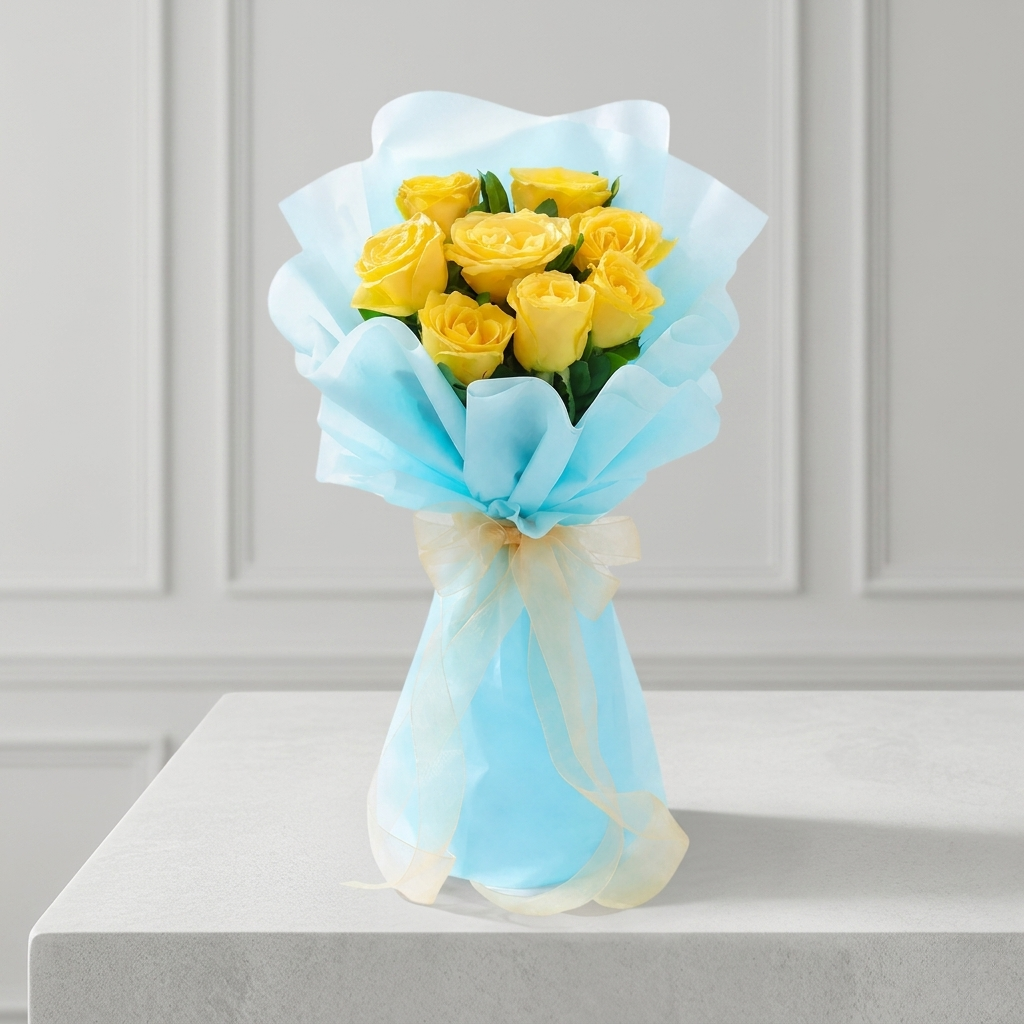 Sunshine Yellow Rose Bouquet in Blue Wrap