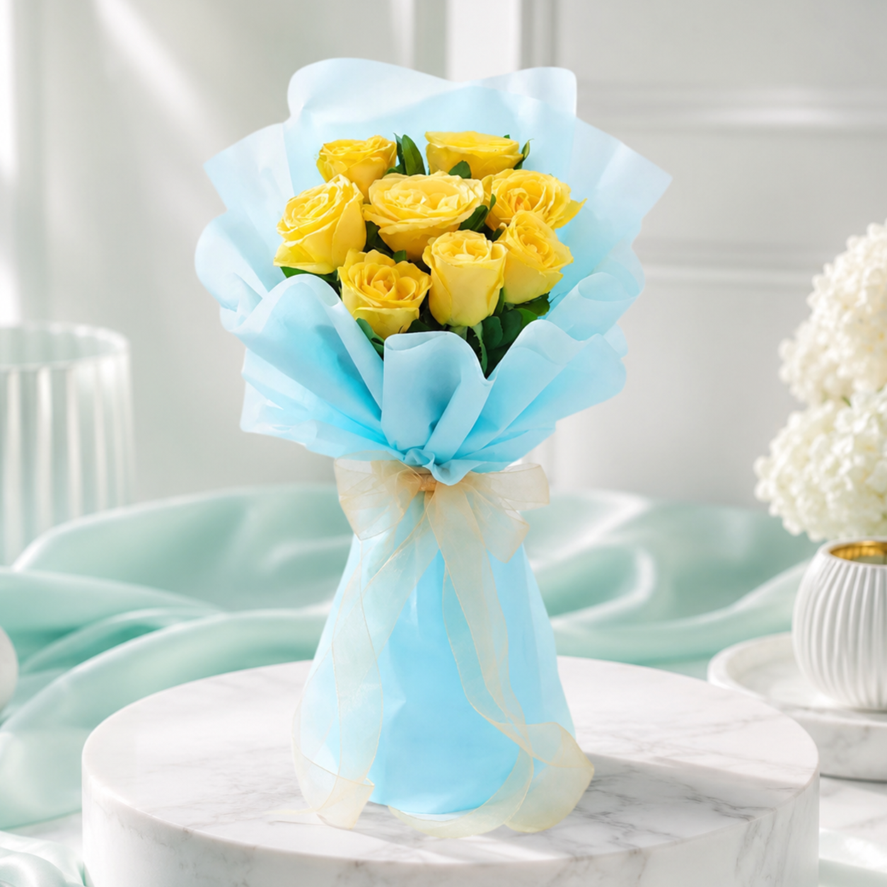 Sunshine Yellow Rose Bouquet in Blue Wrap