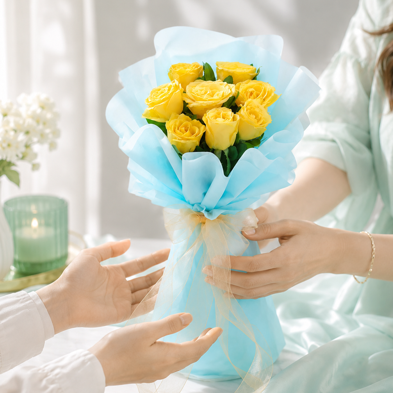 Sunshine Yellow Rose Bouquet in Blue Wrap