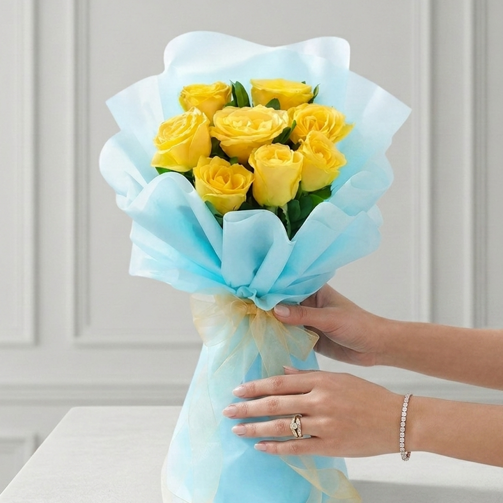 Sunshine Yellow Rose Bouquet in Blue Wrap