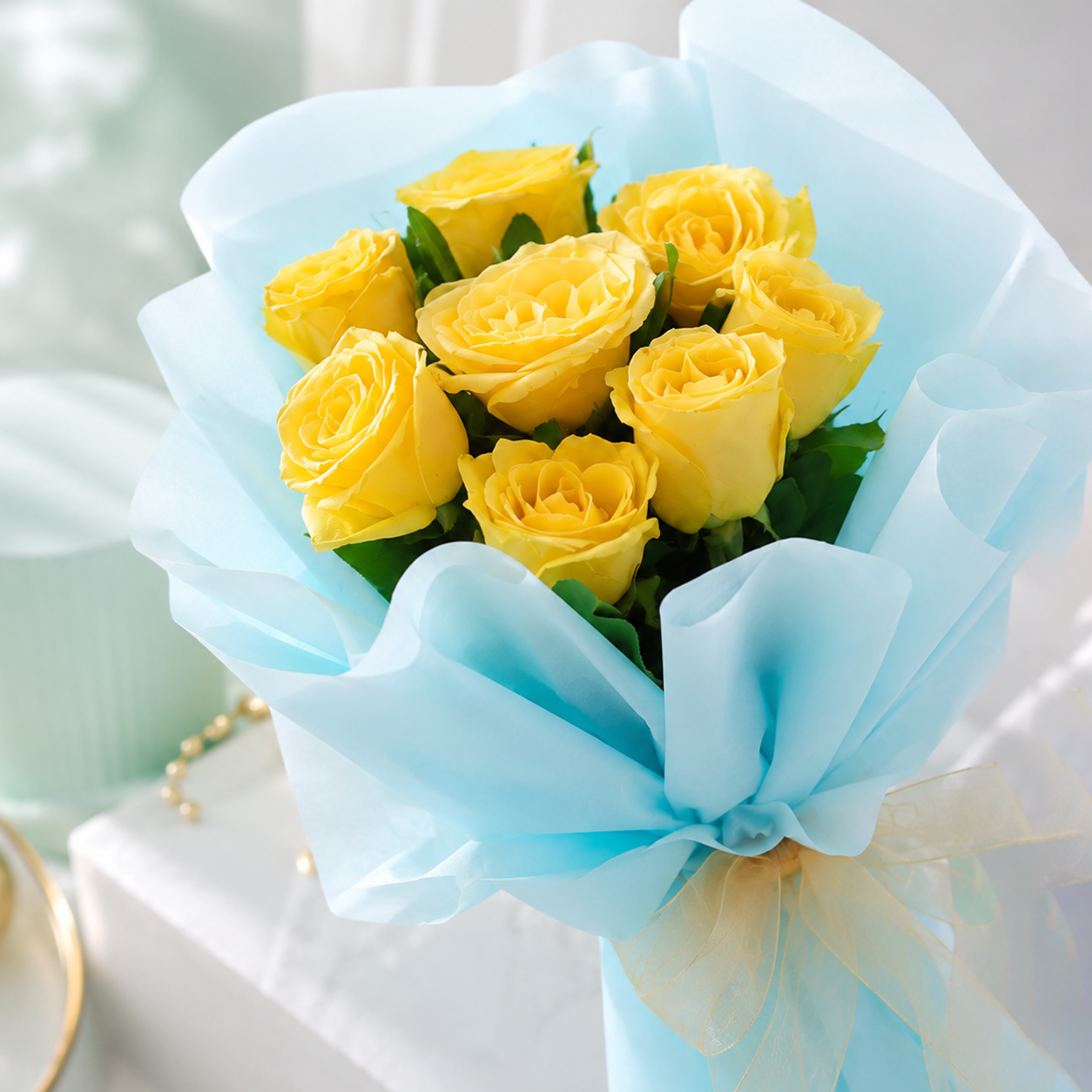 Sunshine Yellow Rose Bouquet in Blue Wrap