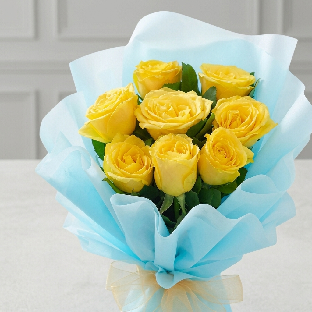 Sunshine Yellow Rose Bouquet in Blue Wrap