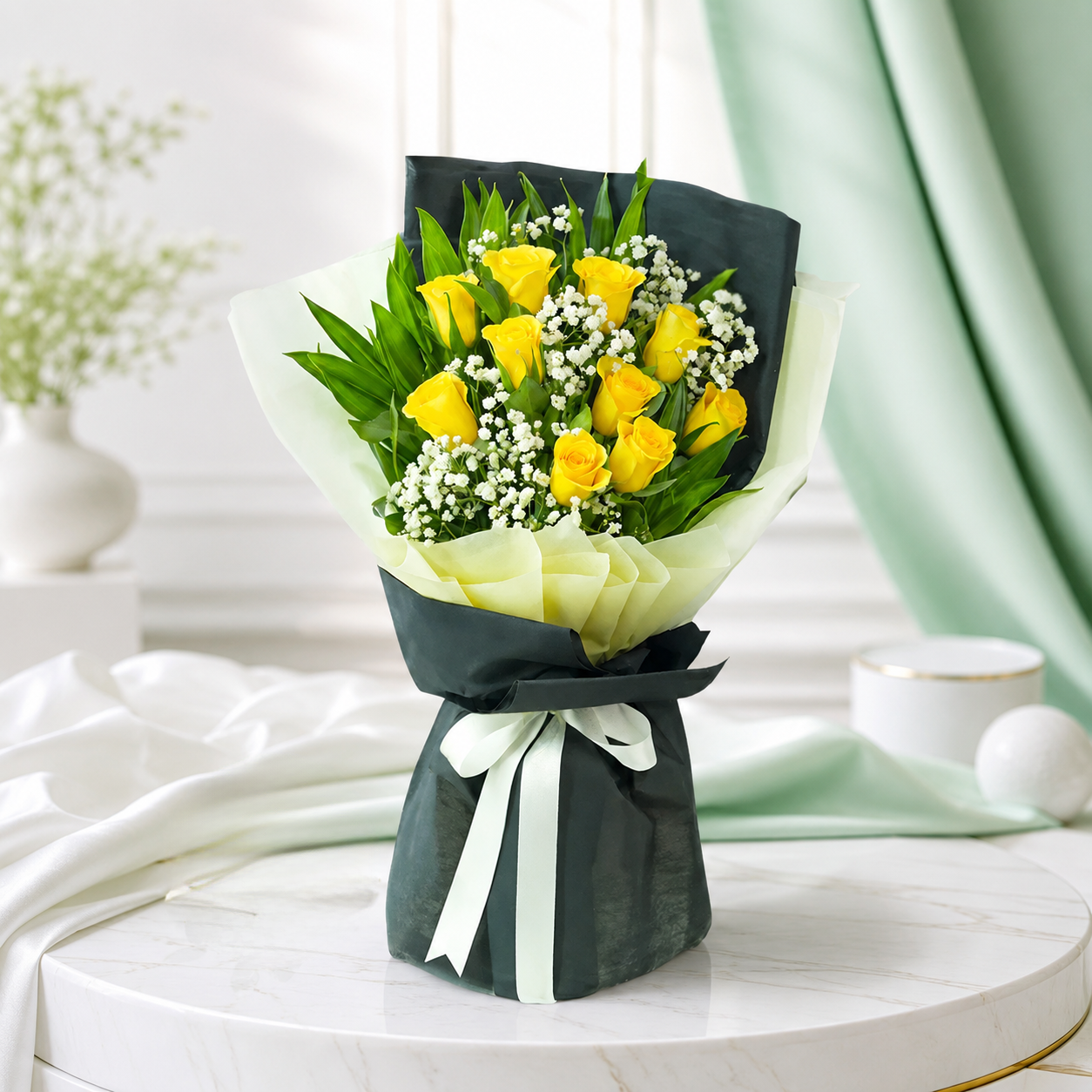 Yellow Roses with Green Fillers and Baby’s Breath