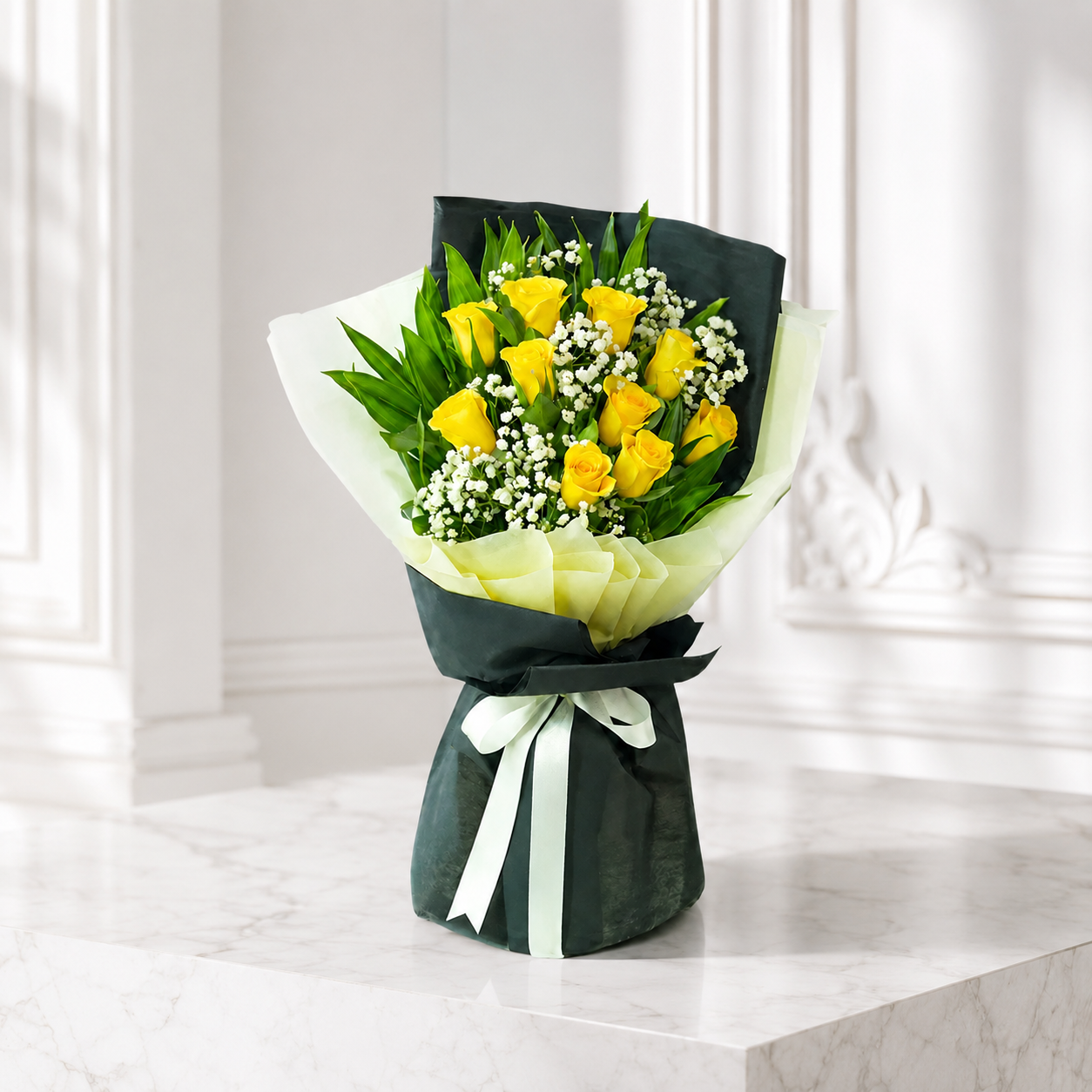 Yellow Roses with Green Fillers and Baby’s Breath