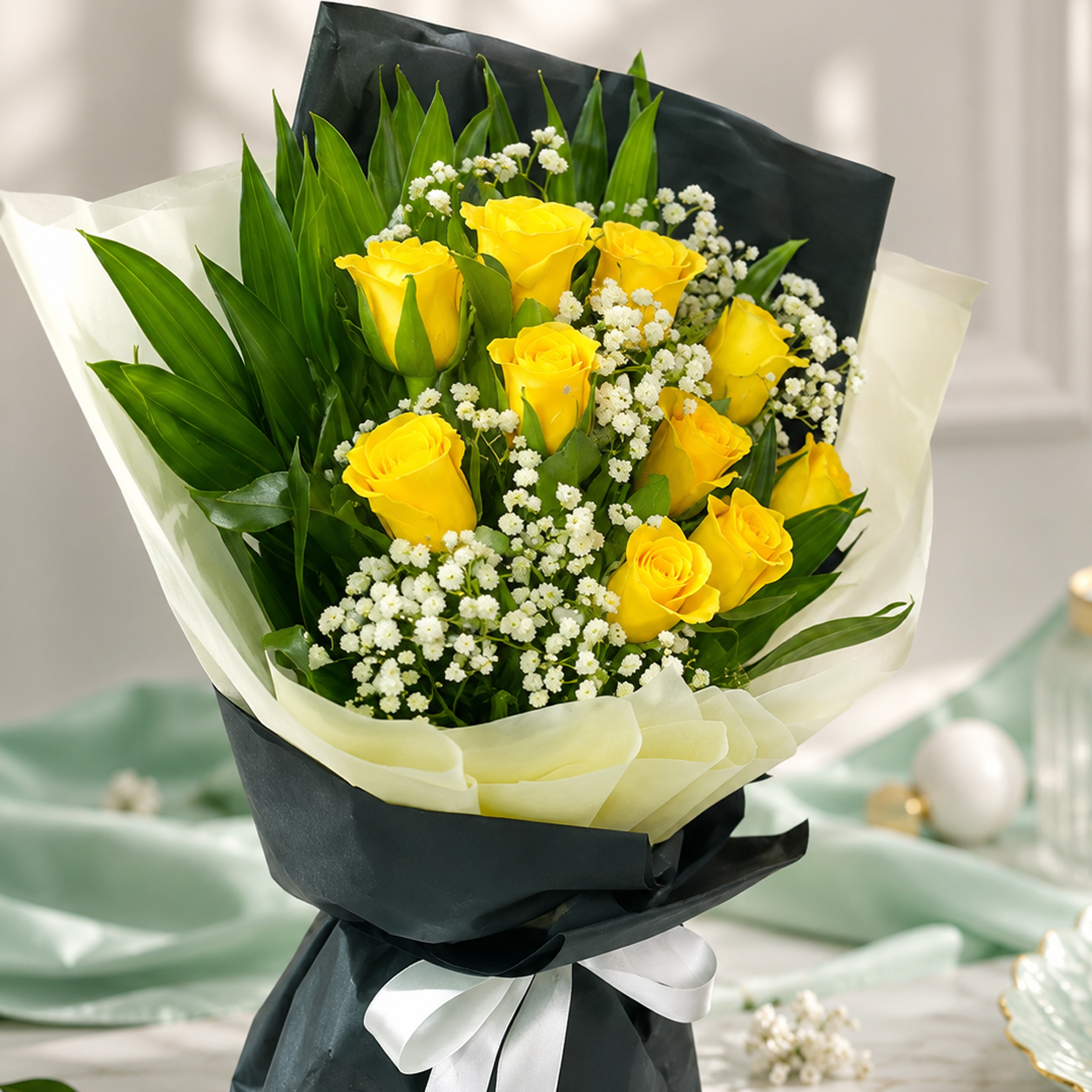 Yellow Roses with Green Fillers and Baby’s Breath