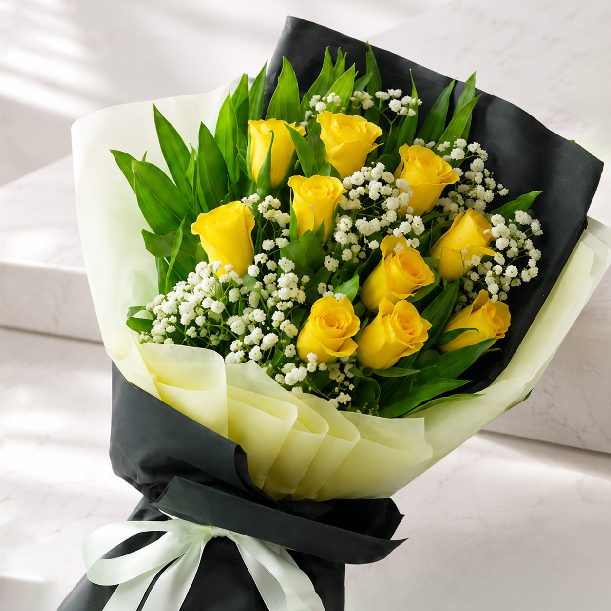 Yellow Roses with Green Fillers and Baby’s Breath
