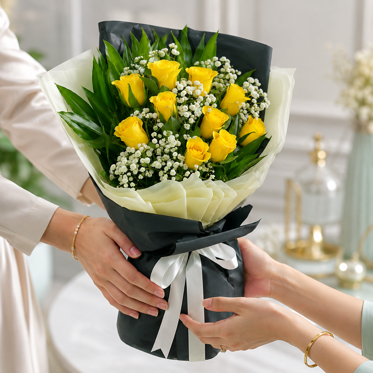 Yellow Roses with Green Fillers and Baby’s Breath