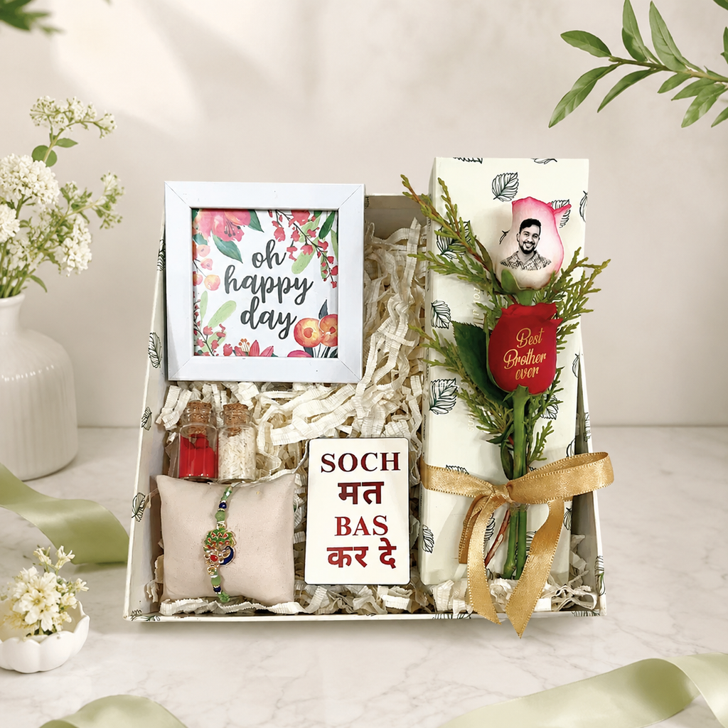 Happy Day Rakhi Gift Box for Brother – Peacock Rakhi & Personalized Rose