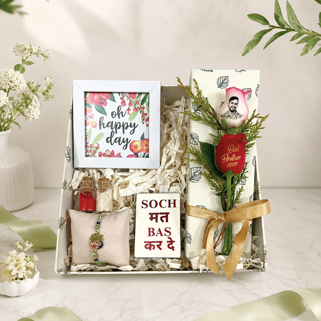 Happy Day Rakhi Gift Box for Brother – Peacock Rakhi & Personalized Rose