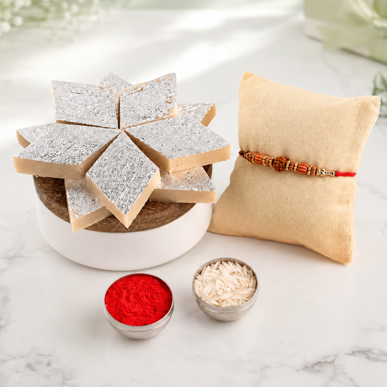 Irresistible Beaded Rakhi with Kaju Katli Delight