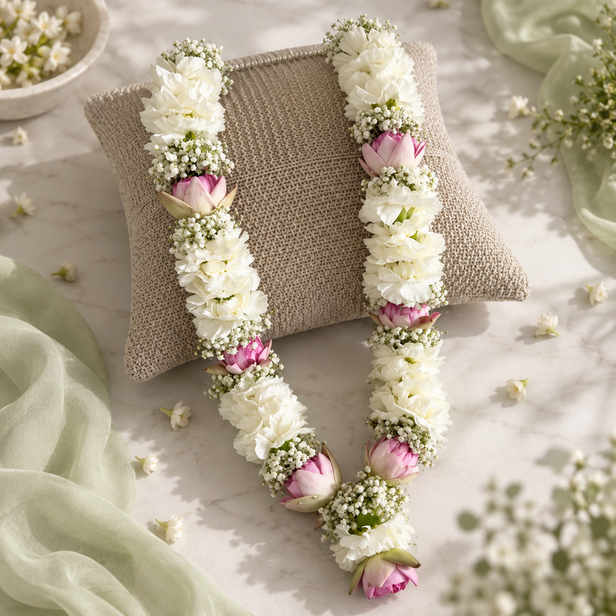 White Lotus & Carnation Floral Jaimala