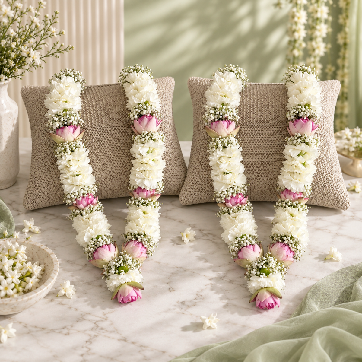 White Lotus & Carnation Floral Jaimala