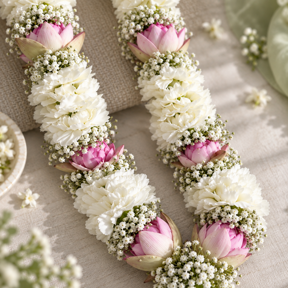White Lotus & Carnation Floral Jaimala