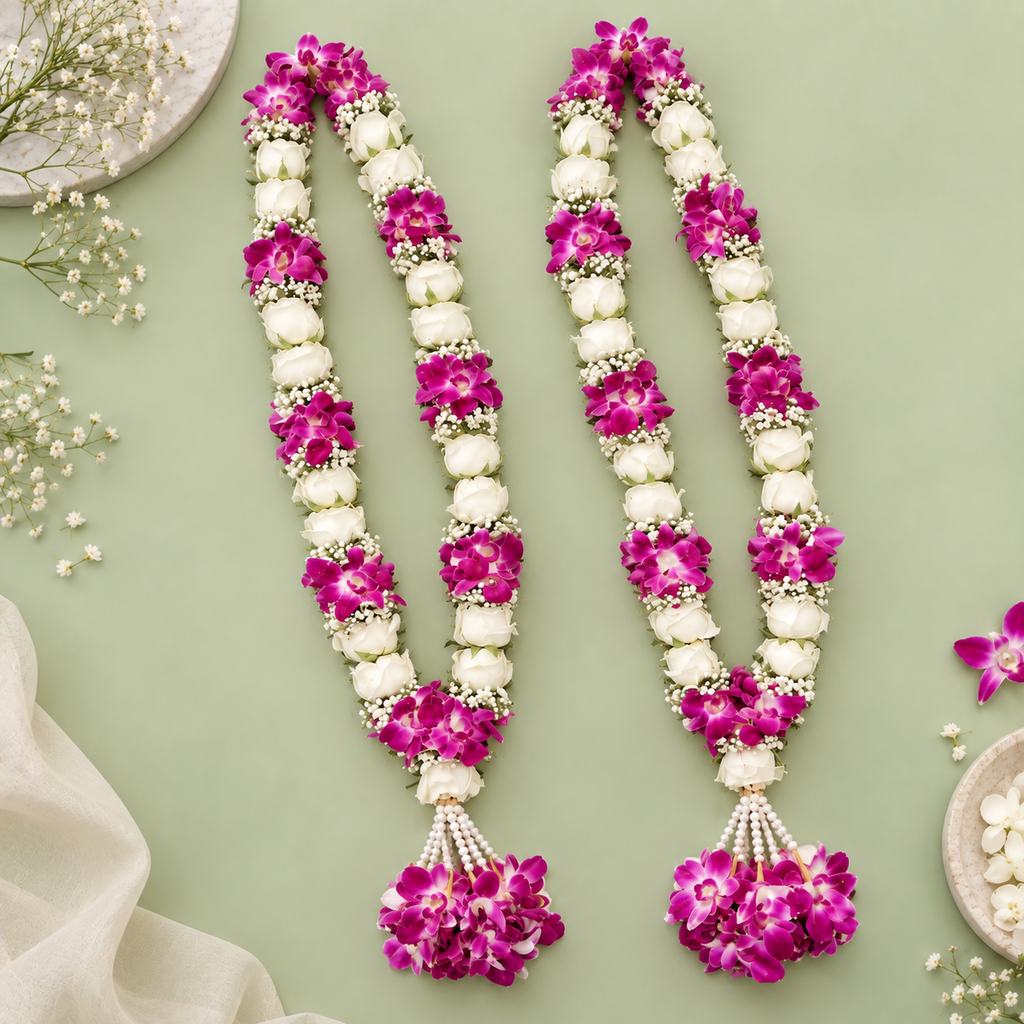 Purple Orchid & White Rose Jaimala