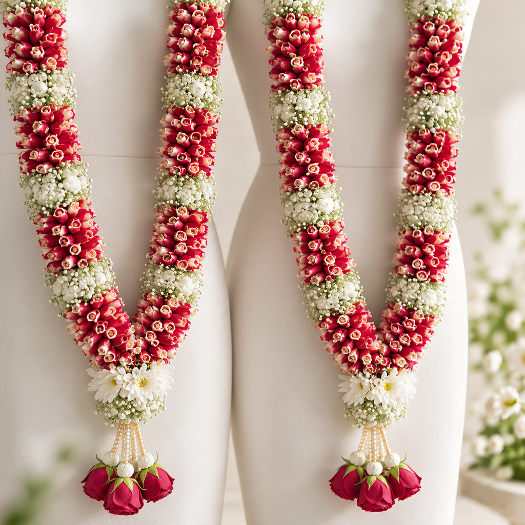 Red Rose Petal & White Sevanti Jaimala