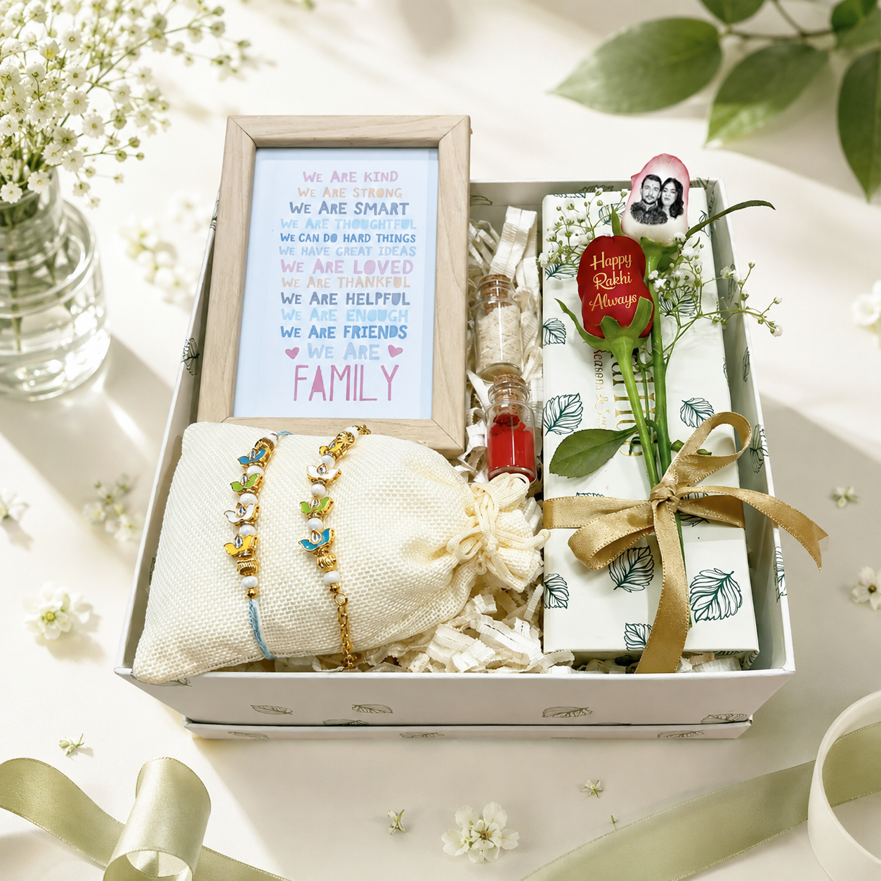 Minakari Bhaiya Bhabhi Rakhi Gift Box with Photo Frame & Personalized Roses