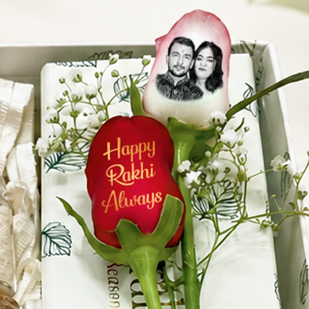 Minakari Bhaiya Bhabhi Rakhi Gift Box with Photo Frame & Personalized Roses