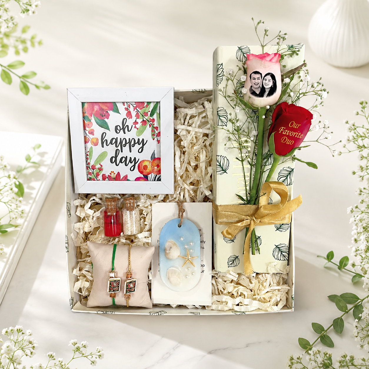 Oh Happy Duo Rakhi Gift Box – Sea Wax, Photo Rose & Decor Frame