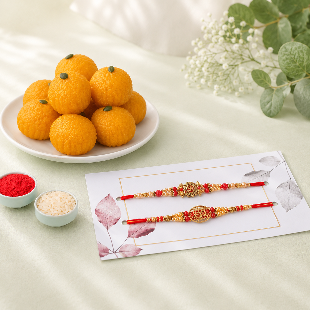 Om & Swastik Rakhi Set of 2 with Scrumptious Laddoo
