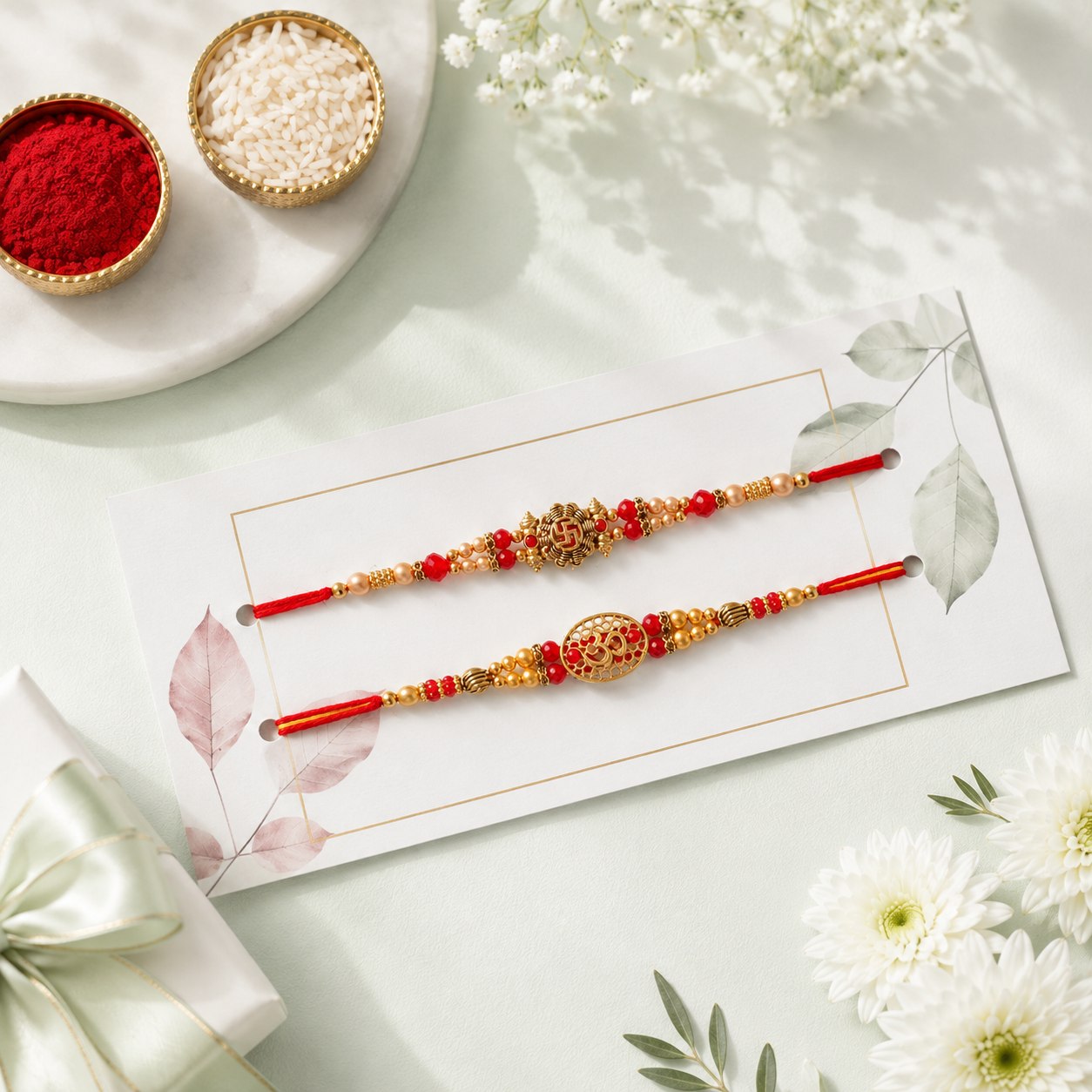 Om & Swastik Rakhi Set of 2 with Scrumptious Laddoo