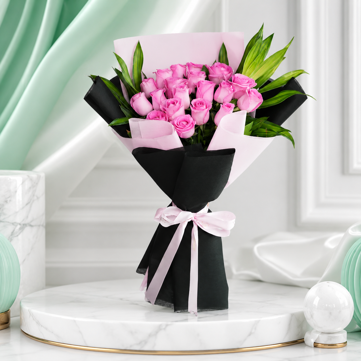 Elegant 20 Pink Roses Bouquet with Green Fillers